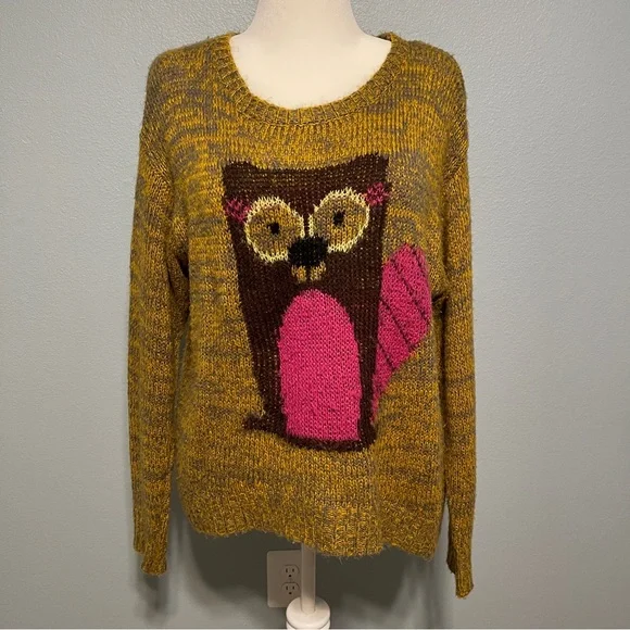 Rewind Beaver Sweater Mustard Brown Pink Knit Pullover Animal Graphic Quirky XL - Picture 1 of 6